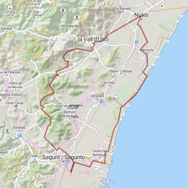 Miniature de la carte de l'inspiration cycliste "Les Collines de l'Est" dans la Comunitat Valenciana, Spain. Générée par le planificateur d'itinéraire cycliste Tarmacs.app