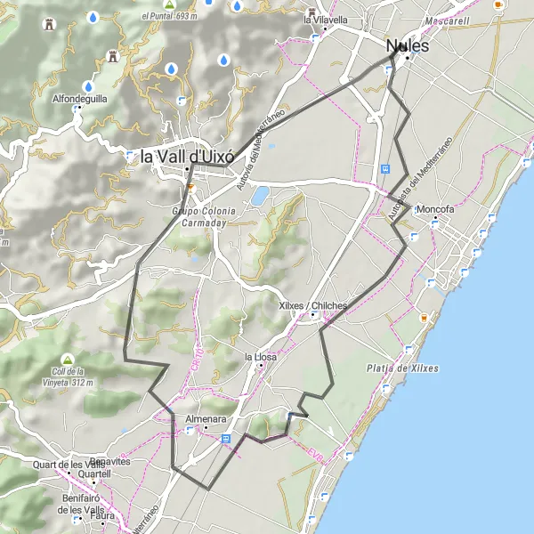 Miniatua del mapa de inspiración ciclista "Ruta de Ciclismo de Carretera Moncofa - la Vall d'Uixó" en Comunitat Valenciana, Spain. Generado por Tarmacs.app planificador de rutas ciclistas
