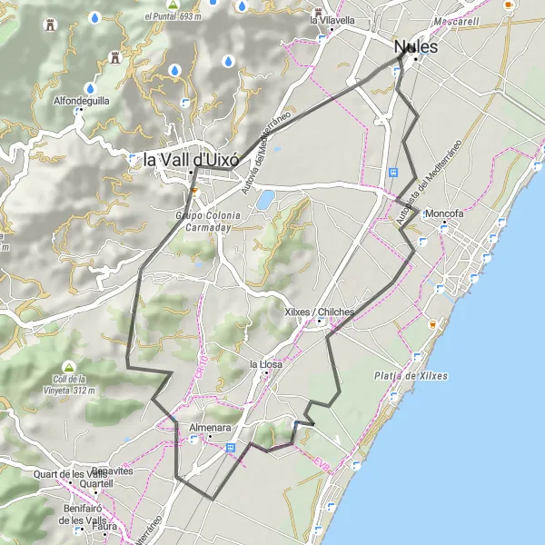 Miniaturekort af cykelinspirationen "Kun for racercykelentusiaster - Fra Nules til la Vall d'Uixó" i Comunitat Valenciana, Spain. Genereret af Tarmacs.app cykelruteplanlægger