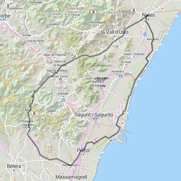 Miniature de la carte de l'inspiration cycliste "Le littoral et les montagnes près de Nules" dans la Comunitat Valenciana, Spain. Générée par le planificateur d'itinéraire cycliste Tarmacs.app