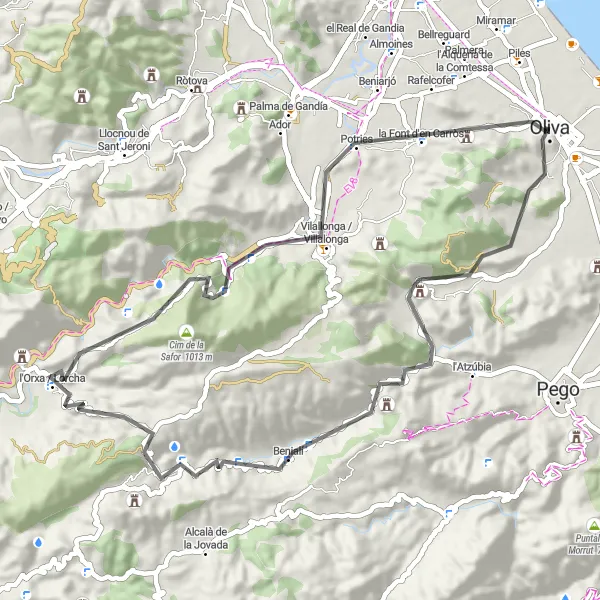 Miniatua del mapa de inspiración ciclista "Ruta por carretera desde Oliva hasta Les Penyes" en Comunitat Valenciana, Spain. Generado por Tarmacs.app planificador de rutas ciclistas