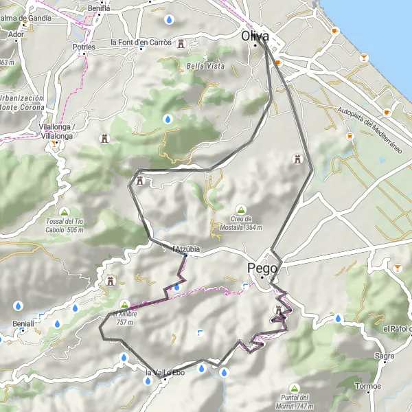 Miniatua del mapa de inspiración ciclista "Ruta en bicicleta de carretera por Pego y Oliva" en Comunitat Valenciana, Spain. Generado por Tarmacs.app planificador de rutas ciclistas