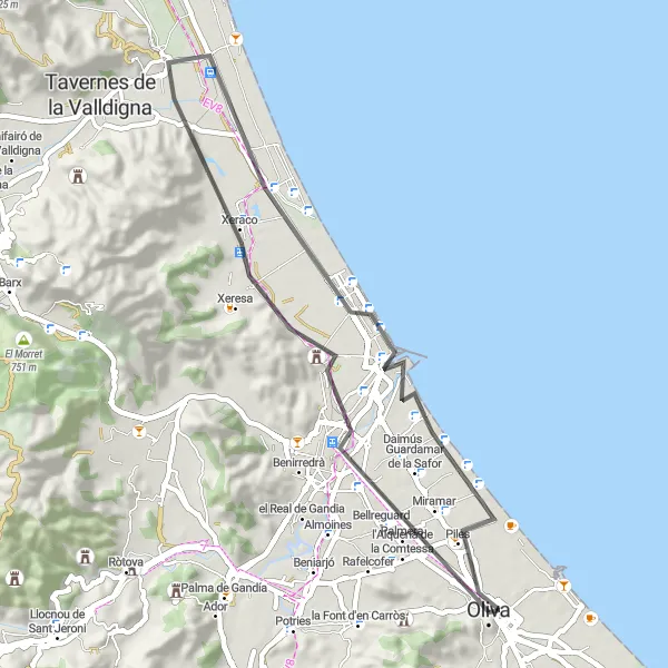 Karten-Miniaturansicht der Radinspiration "Entspannte Küstenroute von Oliva nach Gandia" in Comunitat Valenciana, Spain. Erstellt vom Tarmacs.app-Routenplaner für Radtouren