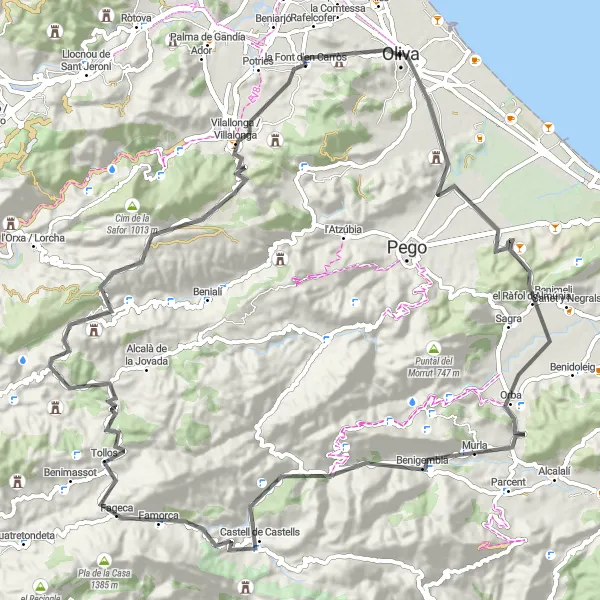 Miniatura della mappa di ispirazione al ciclismo "Percorso ciclistico intorno a Oliva e Tossalet del Doix" nella regione di Comunitat Valenciana, Spain. Generata da Tarmacs.app, pianificatore di rotte ciclistiche