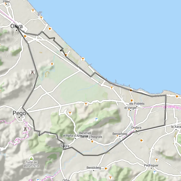 Miniatua del mapa de inspiración ciclista "Ruta por carretera desde Oliva hasta Pego" en Comunitat Valenciana, Spain. Generado por Tarmacs.app planificador de rutas ciclistas