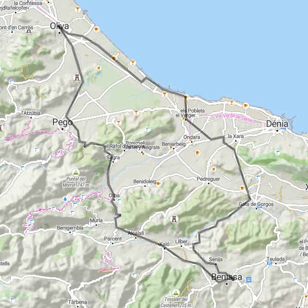 Miniatura della mappa di ispirazione al ciclismo "Giro panoramico in bicicletta da Oliva a Tossalet del Doix" nella regione di Comunitat Valenciana, Spain. Generata da Tarmacs.app, pianificatore di rotte ciclistiche