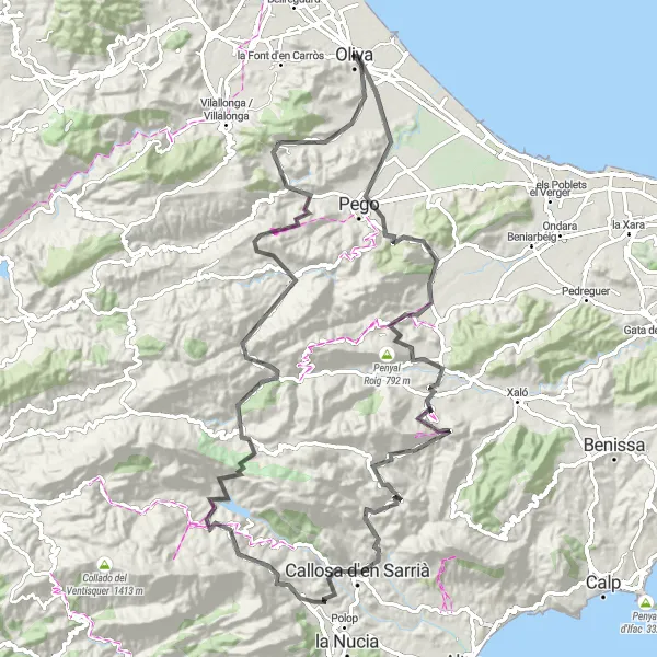 Miniature de la carte de l'inspiration cycliste "Exploration des Montagnes de la Costa Blanca" dans la Comunitat Valenciana, Spain. Générée par le planificateur d'itinéraire cycliste Tarmacs.app