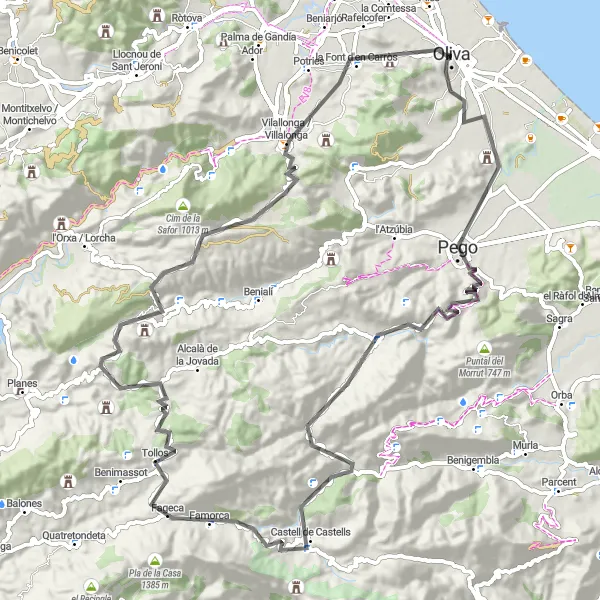 Karten-Miniaturansicht der Radinspiration "Epische Bergabfahrt von Oliva nach Villalonga" in Comunitat Valenciana, Spain. Erstellt vom Tarmacs.app-Routenplaner für Radtouren