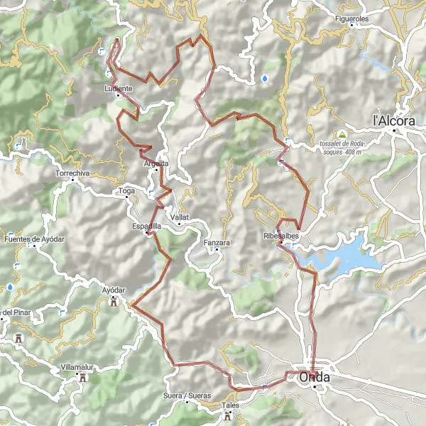 Miniatura mapy "Ostra wyprawa na Tales, Coll de los Frailes, Penya Saganta, Argelita, Ludiente, La Atalaya, Collado del Mesón, Alt de Pina, Onda" - trasy rowerowej w Comunitat Valenciana, Spain. Wygenerowane przez planer tras rowerowych Tarmacs.app