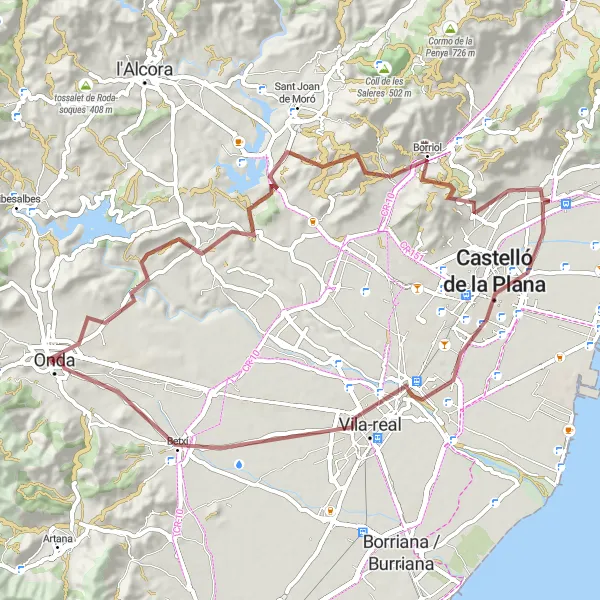 Miniatura mapy "Przejażdżka przez Portal de San Pedro, Coll de la Pedrissa, Cormo del Perdiguer, Borriol, Castelló de la Plana, Villarreal, Betxí, Onda" - trasy rowerowej w Comunitat Valenciana, Spain. Wygenerowane przez planer tras rowerowych Tarmacs.app