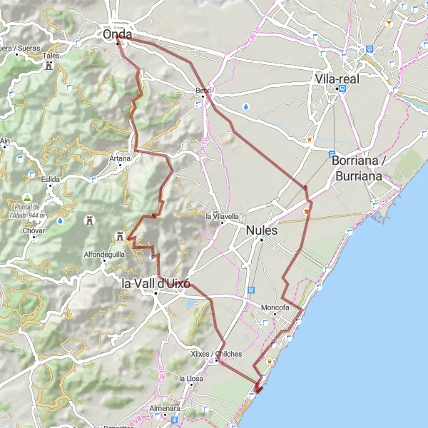 Miniatuurkaart van de fietsinspiratie "Gravelroute Onda - Onda" in Comunitat Valenciana, Spain. Gemaakt door de Tarmacs.app fietsrouteplanner