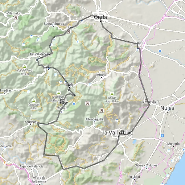 Miniature de la carte de l'inspiration cycliste "Parcours pittoresque: el Solaig à Tales" dans la Comunitat Valenciana, Spain. Générée par le planificateur d'itinéraire cycliste Tarmacs.app
