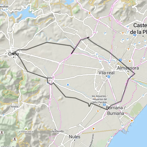 Miniatura della mappa di ispirazione al ciclismo "Itinerario di ciclismo stradale attorno a Onda" nella regione di Comunitat Valenciana, Spain. Generata da Tarmacs.app, pianificatore di rotte ciclistiche