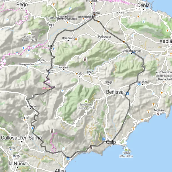 Miniature de la carte de l'inspiration cycliste "La Route des Miradors" dans la Comunitat Valenciana, Spain. Générée par le planificateur d'itinéraire cycliste Tarmacs.app