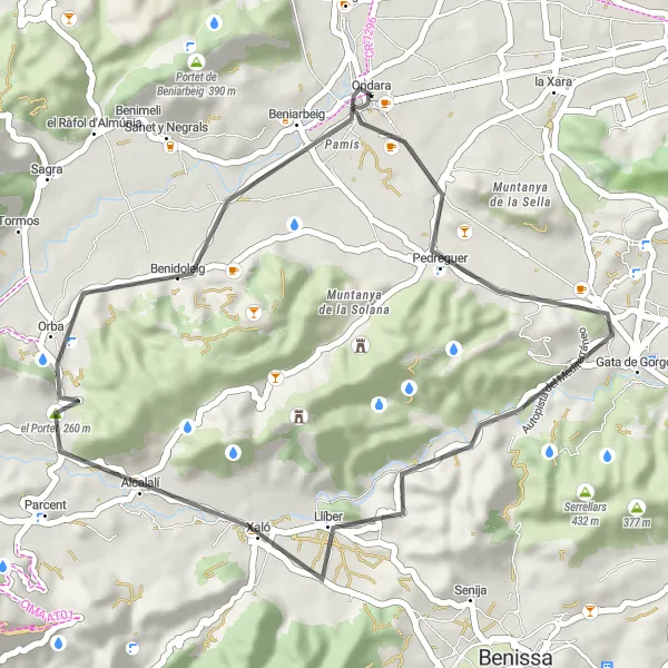 Miniatura della mappa di ispirazione al ciclismo "Giro in bicicletta da Ondara a Pedreguer" nella regione di Comunitat Valenciana, Spain. Generata da Tarmacs.app, pianificatore di rotte ciclistiche
