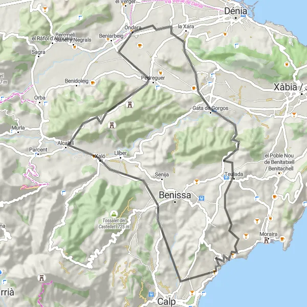 Miniatuurkaart van de fietsinspiratie "Uitdagende wegfietsroute naar Teulada en Alcalalí" in Comunitat Valenciana, Spain. Gemaakt door de Tarmacs.app fietsrouteplanner
