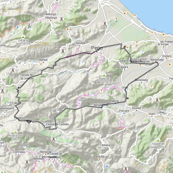 Miniature de la carte de l'inspiration cycliste "Les Collines de la Marina" dans la Comunitat Valenciana, Spain. Générée par le planificateur d'itinéraire cycliste Tarmacs.app