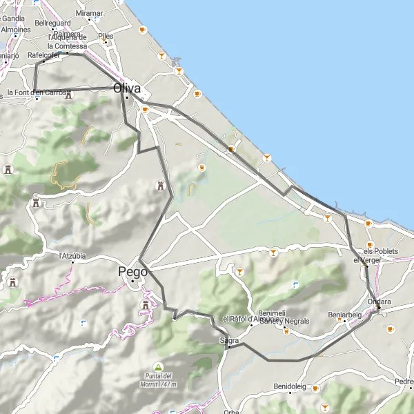 Map miniature of "Ondara - Beniarbeig Coastal Route" cycling inspiration in Comunitat Valenciana, Spain. Generated by Tarmacs.app cycling route planner