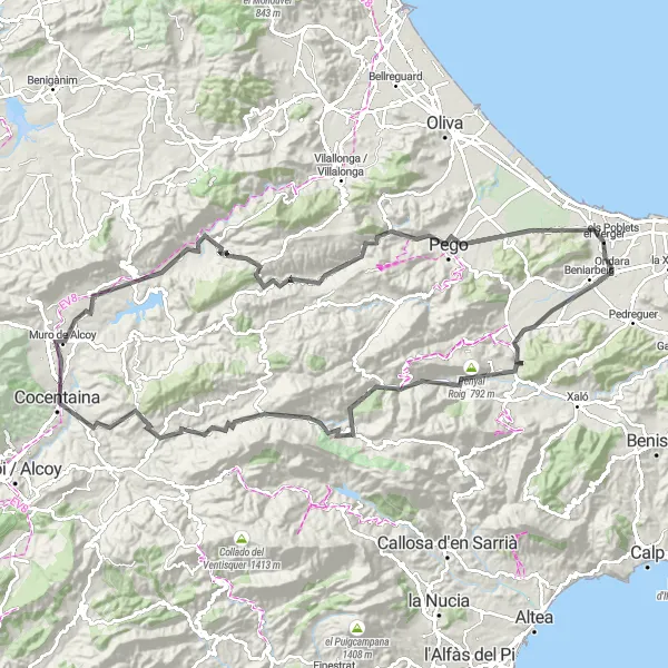 Miniatua del mapa de inspiración ciclista "Ruta Ciclista desde Ondara a Orba y Cocentaina" en Comunitat Valenciana, Spain. Generado por Tarmacs.app planificador de rutas ciclistas