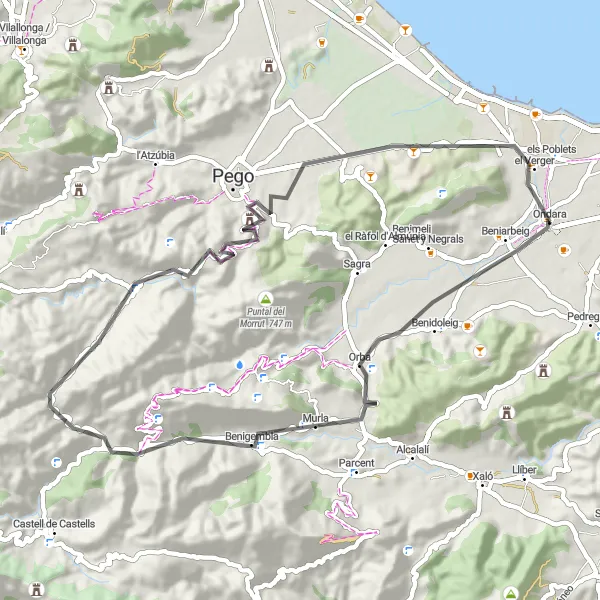 Miniatuurkaart van de fietsinspiratie "Avontuurlijke fietsroute van Ondara naar Beniarbeig" in Comunitat Valenciana, Spain. Gemaakt door de Tarmacs.app fietsrouteplanner