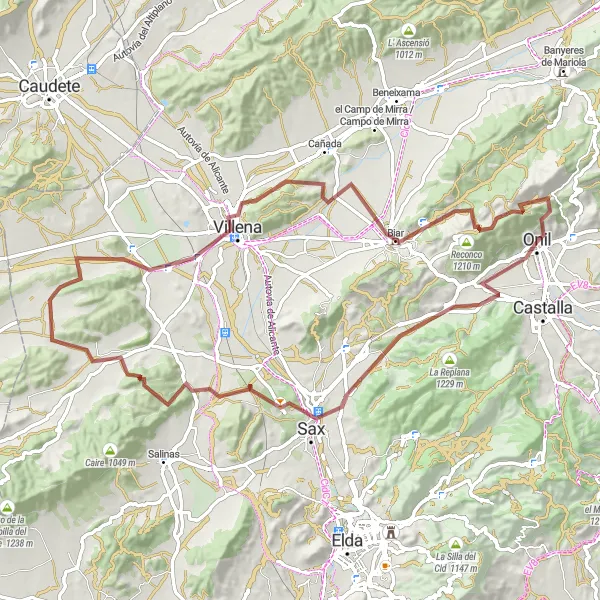 Miniatura della mappa di ispirazione al ciclismo "Percorso in Gravel Onil - Palacio Fortaleza del Marqués de Dos Aguas - Biar" nella regione di Comunitat Valenciana, Spain. Generata da Tarmacs.app, pianificatore di rotte ciclistiche