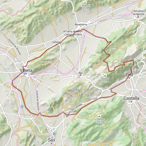 Miniaturní mapa "Gravel tour from Onil to Cañada" inspirace pro cyklisty v oblasti Comunitat Valenciana, Spain. Vytvořeno pomocí plánovače tras Tarmacs.app