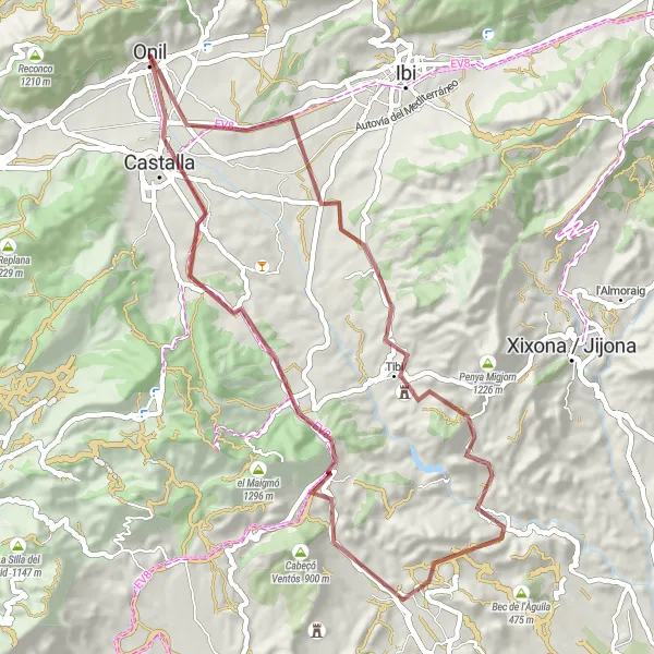 Miniature de la carte de l'inspiration cycliste "Randonnée dans la Sierra de Mariola" dans la Comunitat Valenciana, Spain. Générée par le planificateur d'itinéraire cycliste Tarmacs.app