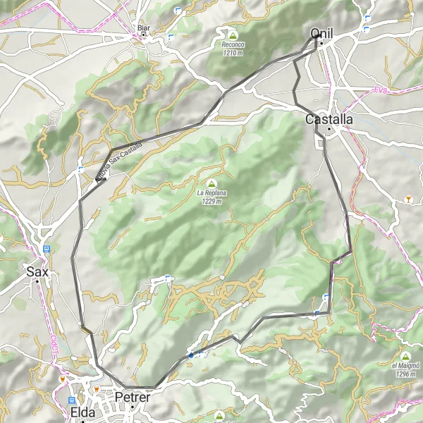 Miniatua del mapa de inspiración ciclista "Ruta en bicicleta desde Onil a través de Castalla y Petrer" en Comunitat Valenciana, Spain. Generado por Tarmacs.app planificador de rutas ciclistas