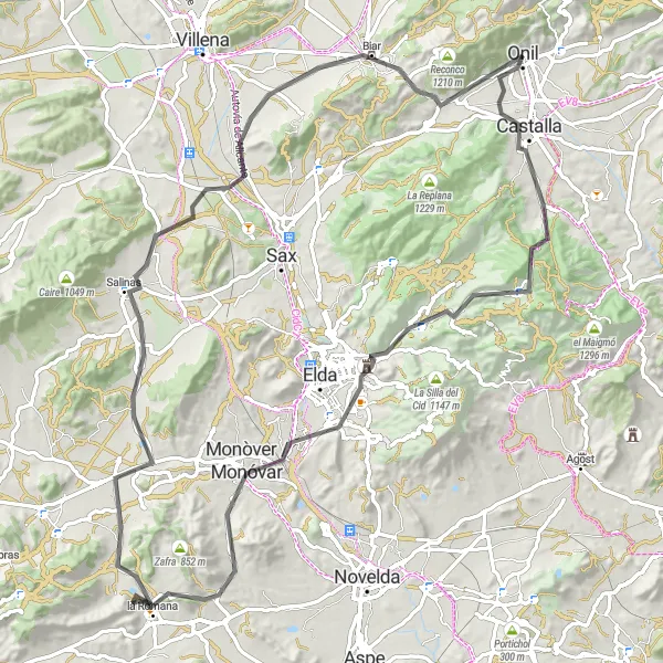 Miniatuurkaart van de fietsinspiratie "Rondrit van Onil naar Castalla via Ascent 1479m" in Comunitat Valenciana, Spain. Gemaakt door de Tarmacs.app fietsrouteplanner