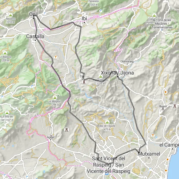 Miniatua del mapa de inspiración ciclista "Ruta en bicicleta desde Onil a través de Tibi y Sant Vicent del Raspeig" en Comunitat Valenciana, Spain. Generado por Tarmacs.app planificador de rutas ciclistas
