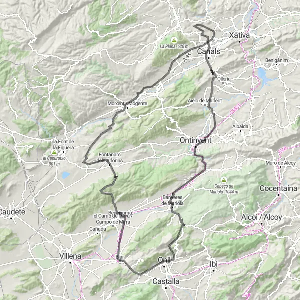 Map miniature of "Onil – Round Trip to Biar and Moixent" cycling inspiration in Comunitat Valenciana, Spain. Generated by Tarmacs.app cycling route planner