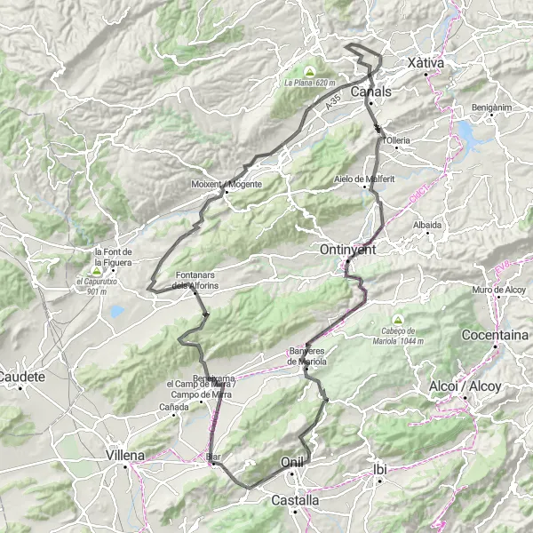 Miniatura della mappa di ispirazione al ciclismo "Esperienza cicloturistica tra Biar e Ontinyent" nella regione di Comunitat Valenciana, Spain. Generata da Tarmacs.app, pianificatore di rotte ciclistiche