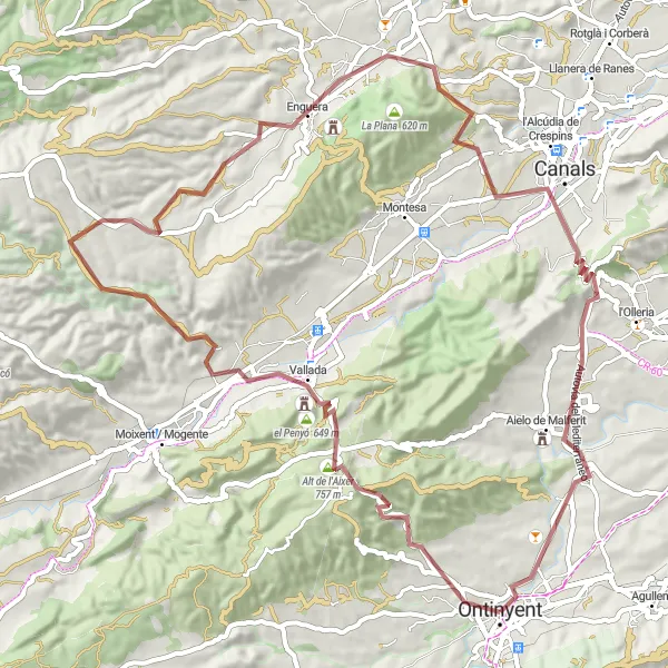 Miniatua del mapa de inspiración ciclista "Recorrido en bicicleta de grava desde Ontinyent" en Comunitat Valenciana, Spain. Generado por Tarmacs.app planificador de rutas ciclistas