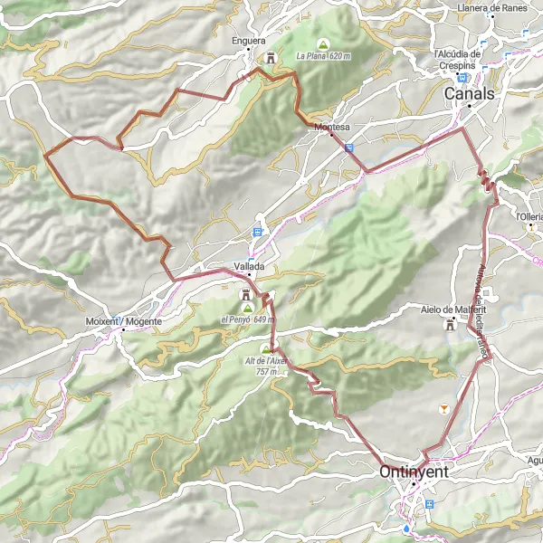 Miniatua del mapa de inspiración ciclista "Ruta en bicicleta de grava desde Ontinyent" en Comunitat Valenciana, Spain. Generado por Tarmacs.app planificador de rutas ciclistas