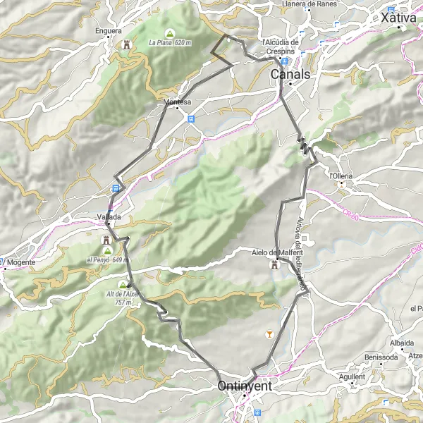 Miniatua del mapa de inspiración ciclista "Ruta en Bicicleta de Carretera por los Alrededores de Ontinyent" en Comunitat Valenciana, Spain. Generado por Tarmacs.app planificador de rutas ciclistas