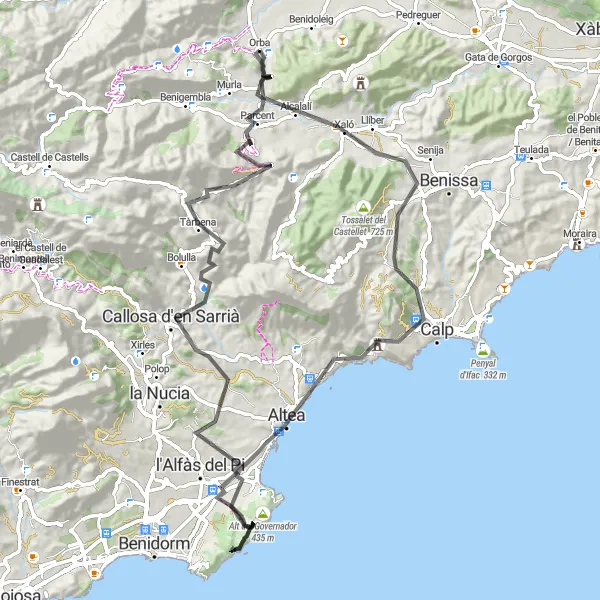 Miniatua del mapa de inspiración ciclista "Ruta en bicicleta de carretera de 93 km cerca de Orba" en Comunitat Valenciana, Spain. Generado por Tarmacs.app planificador de rutas ciclistas