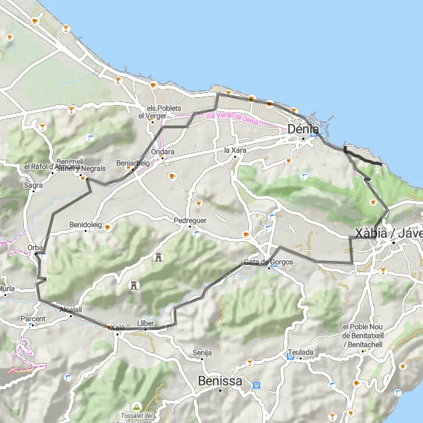 Miniatura della mappa di ispirazione al ciclismo "Giro in bicicletta attraverso Xàbia / Jávea" nella regione di Comunitat Valenciana, Spain. Generata da Tarmacs.app, pianificatore di rotte ciclistiche