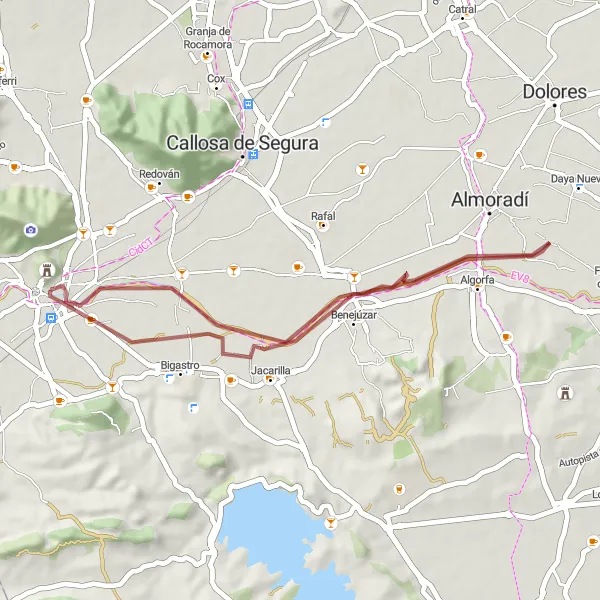 Miniatura della mappa di ispirazione al ciclismo "Giro in Gravel al Castillo de Orihuela" nella regione di Comunitat Valenciana, Spain. Generata da Tarmacs.app, pianificatore di rotte ciclistiche