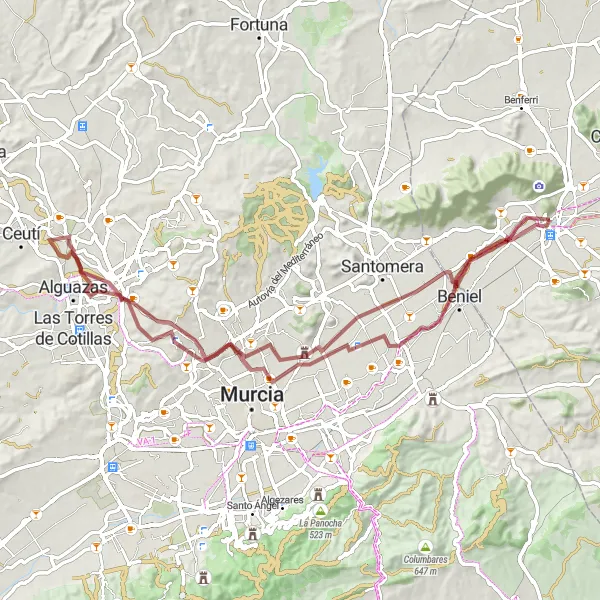 Miniatura della mappa di ispirazione al ciclismo "Gravel Villages Loop from Orihuela" nella regione di Comunitat Valenciana, Spain. Generata da Tarmacs.app, pianificatore di rotte ciclistiche