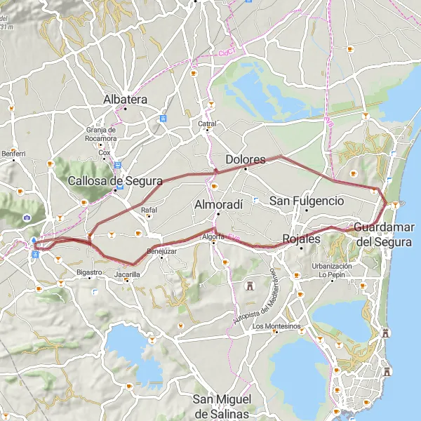 Miniaturní mapa "Cyklotrasa Orihuela - Rafal - Dolores - Cabezo Soler - Castillo de Orihuela - Orihuela" inspirace pro cyklisty v oblasti Comunitat Valenciana, Spain. Vytvořeno pomocí plánovače tras Tarmacs.app