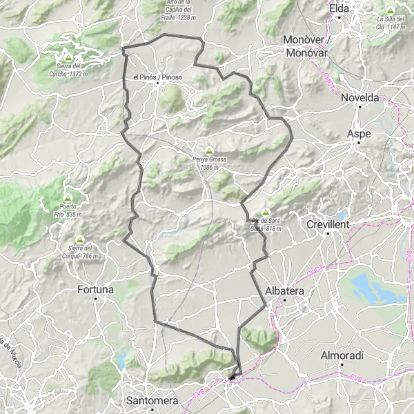 Miniaturekort af cykelinspirationen "Orihuela til Abanilla Landevejscykelrute" i Comunitat Valenciana, Spain. Genereret af Tarmacs.app cykelruteplanlægger