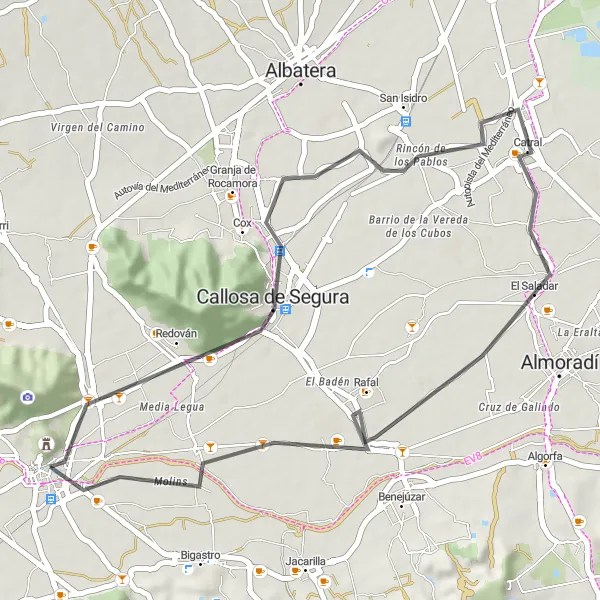 Miniatuurkaart van de fietsinspiratie "Fietsroute Orihuela - Callosa de Segura - Catral - Rafal" in Comunitat Valenciana, Spain. Gemaakt door de Tarmacs.app fietsrouteplanner