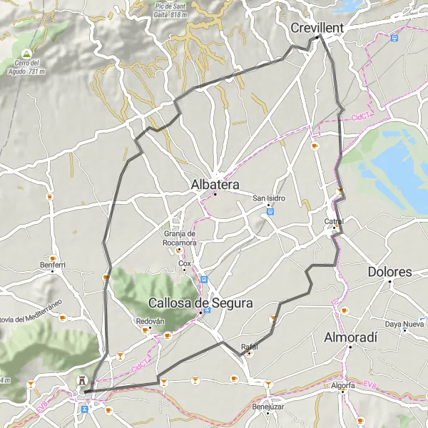 Miniatura della mappa di ispirazione al ciclismo "Road Castle Tour from Orihuela" nella regione di Comunitat Valenciana, Spain. Generata da Tarmacs.app, pianificatore di rotte ciclistiche