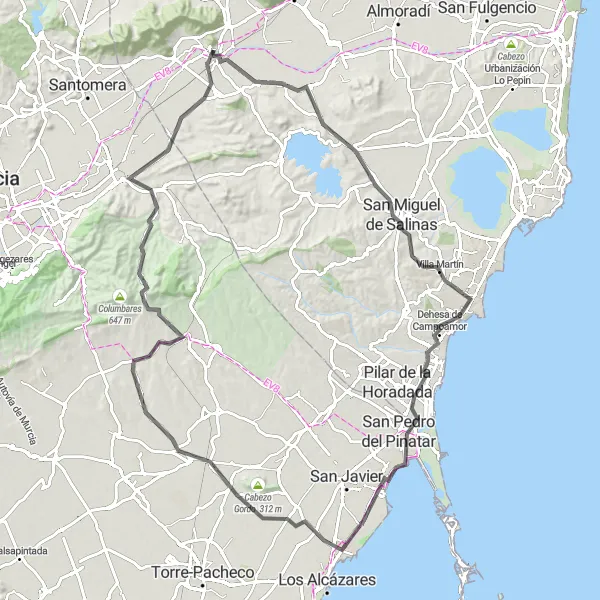 Miniatua del mapa de inspiración ciclista "Ruta de Orihuela a San Pedro del Pinatar" en Comunitat Valenciana, Spain. Generado por Tarmacs.app planificador de rutas ciclistas