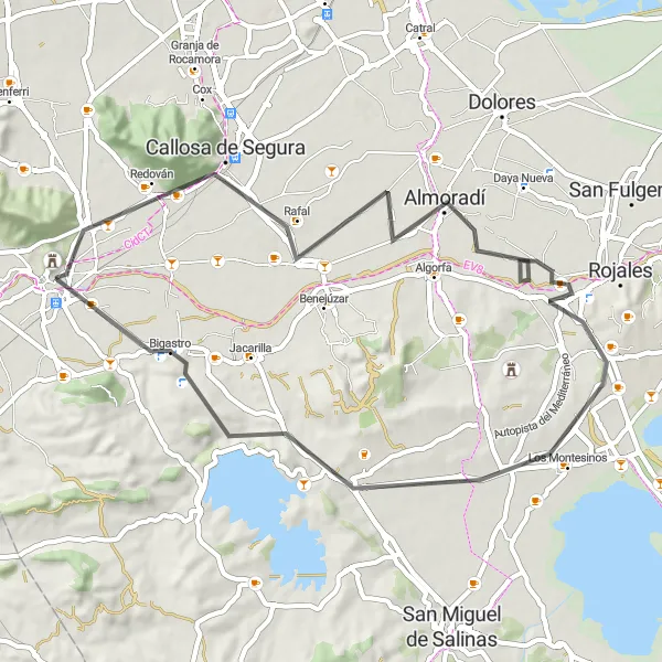 Miniatura della mappa di ispirazione al ciclismo "Giro su Strada tra Redován e Bigastro" nella regione di Comunitat Valenciana, Spain. Generata da Tarmacs.app, pianificatore di rotte ciclistiche