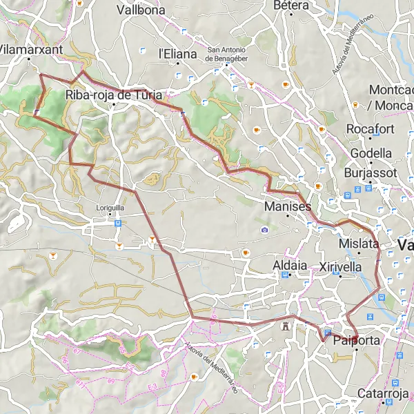 Miniatua del mapa de inspiración ciclista "Ruta de ciclismo en gravilla desde Paiporta" en Comunitat Valenciana, Spain. Generado por Tarmacs.app planificador de rutas ciclistas