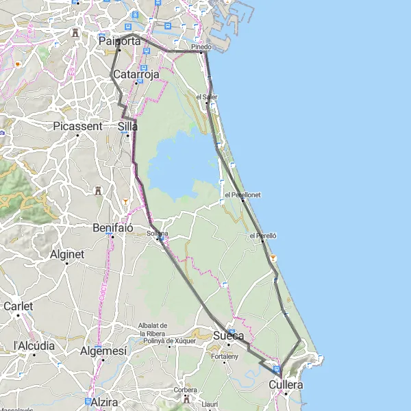 Miniaturní mapa "Okruzí Paiportou s výhledem na La Albufera" inspirace pro cyklisty v oblasti Comunitat Valenciana, Spain. Vytvořeno pomocí plánovače tras Tarmacs.app