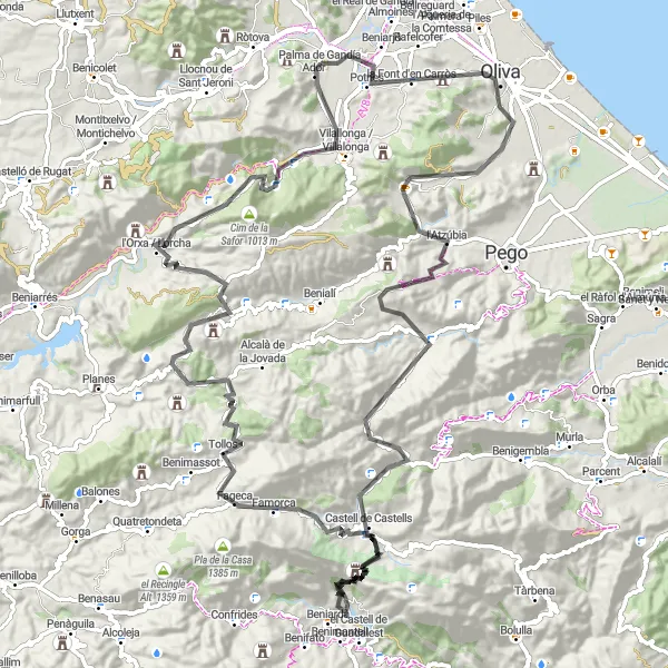 Miniature de la carte de l'inspiration cycliste "Les Collines de la Vall d'Ebo" dans la Comunitat Valenciana, Spain. Générée par le planificateur d'itinéraire cycliste Tarmacs.app