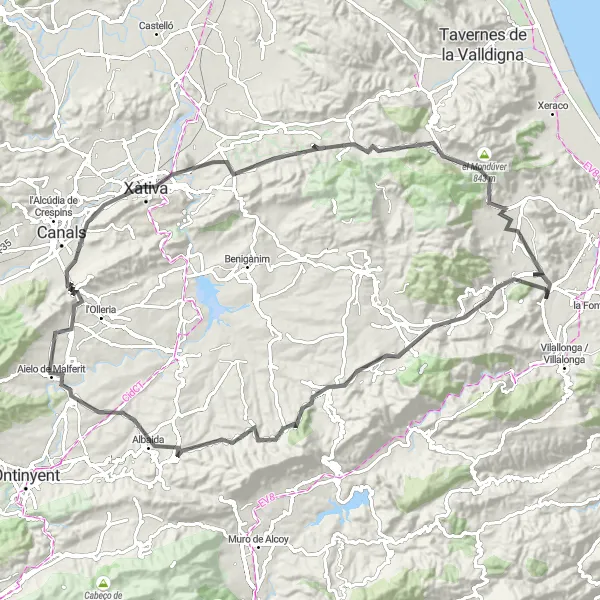 Miniature de la carte de l'inspiration cycliste "Aventure pittoresque à travers la Comunitat Valenciana" dans la Comunitat Valenciana, Spain. Générée par le planificateur d'itinéraire cycliste Tarmacs.app