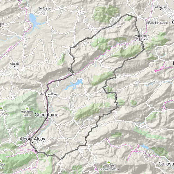 Map miniature of "Ador-Alcoi Loop" cycling inspiration in Comunitat Valenciana, Spain. Generated by Tarmacs.app cycling route planner